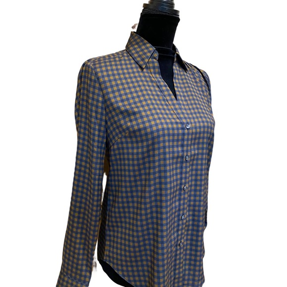 Ann Taylor Navy and Brown Checked Button Down Blouse XS - Picture 5 of 17
